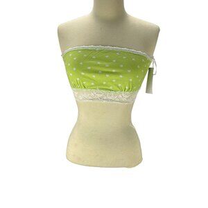 Bozzolo Polka Dot Lace Trim Tube Top M Green White Cotton Blend Stretch Resort